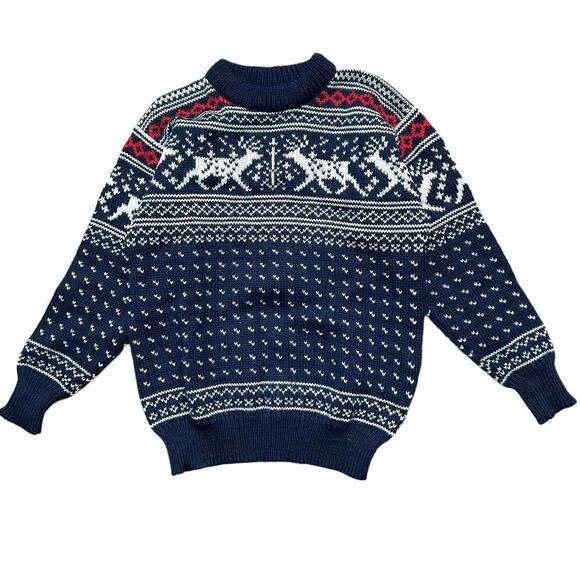 L.L. Bean VTG 80s Norway Birds Eye Fair Isle Reindeer Knit Sweater Jumper Small